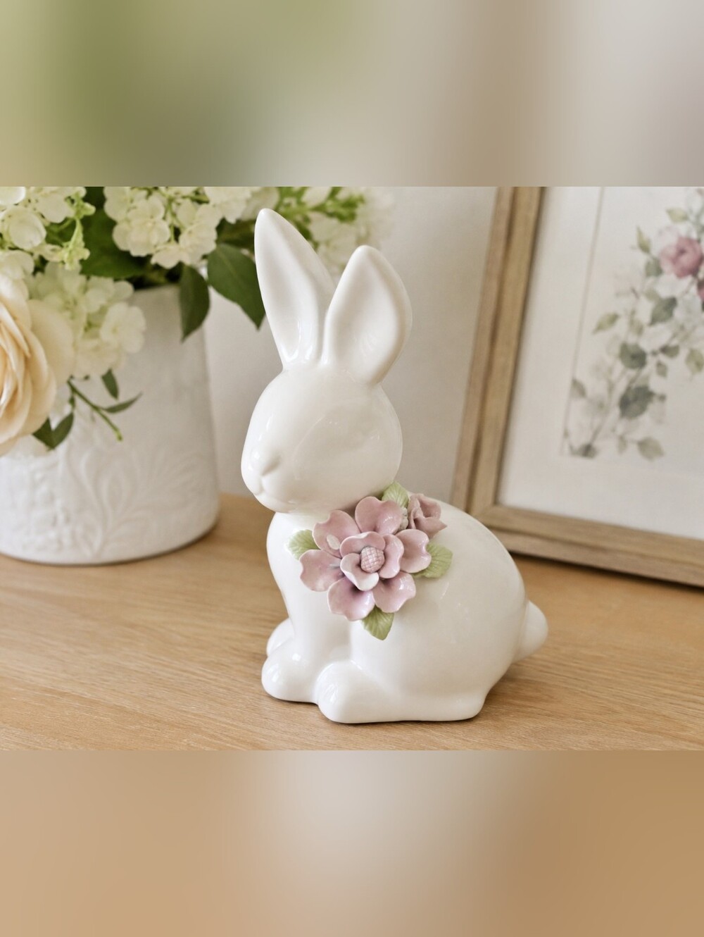 White Ceramic Bunny Rabbit Figurine w/ Pink Floral Accent Easter Spring Decor 5"